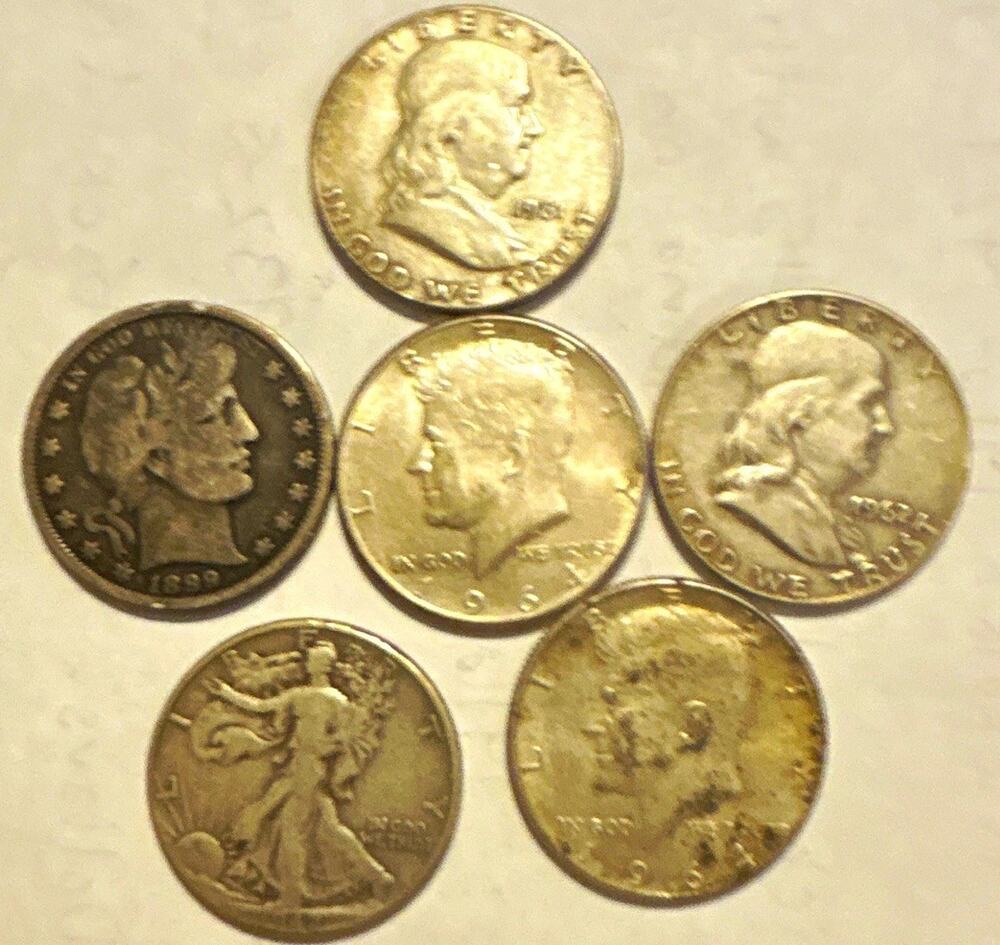 $3 Face 90% Silver Half Dollars 1899 Barber Walker Franklin Kennedy Lot of 6